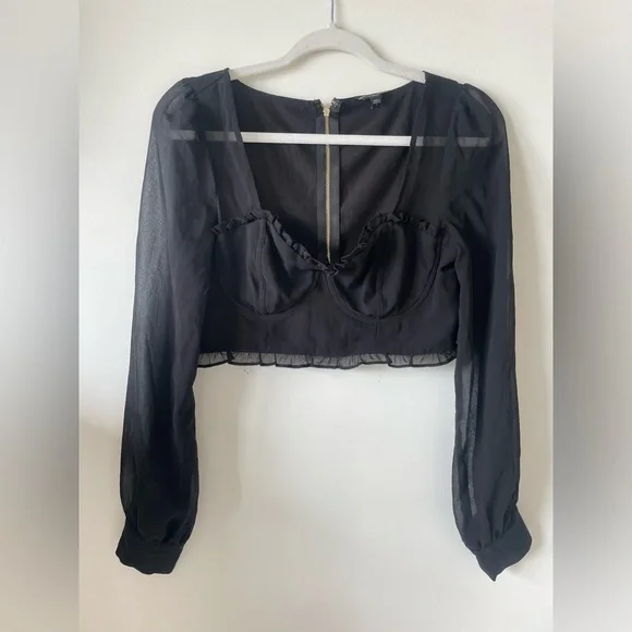 SOLD Guess Black Corset Crop Top Long Sheer Sleeves Size S - Picture 1 of 6